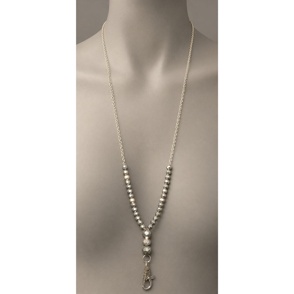 Silver Chain Gray Beaded ID Badge Holder Lanyard 32 Inch Magnetic Clip